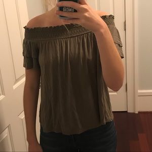 Green off the shoulder American Eagle shirt